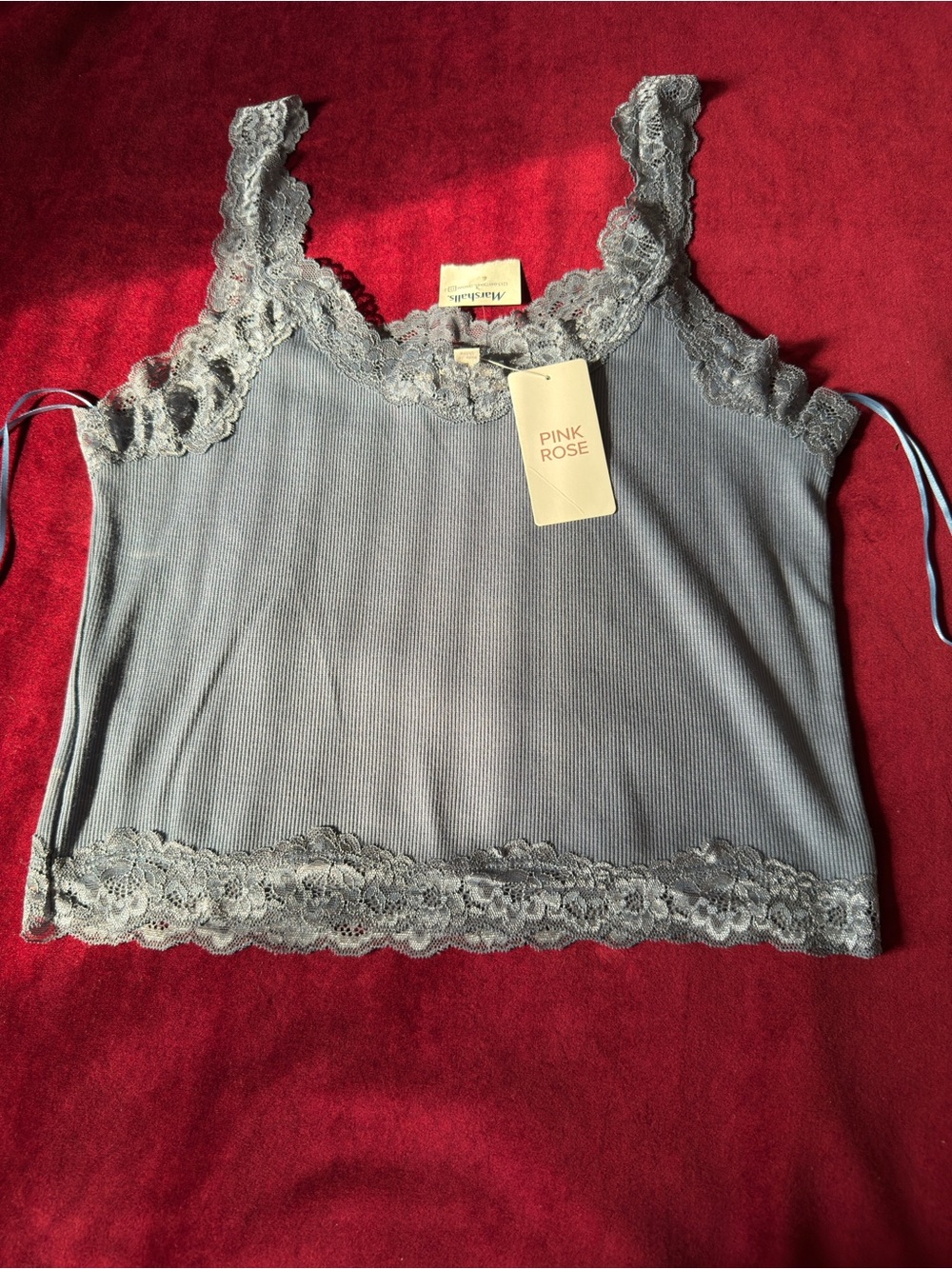Pink Rose Lace-Trim Light Gray Ribbed Camisole size L
